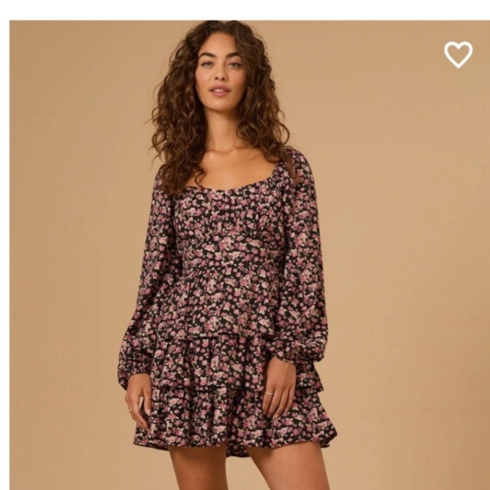 Altar State Floral Print Square Neck Ruffle Tiered Mini Dress Black Pink Women S